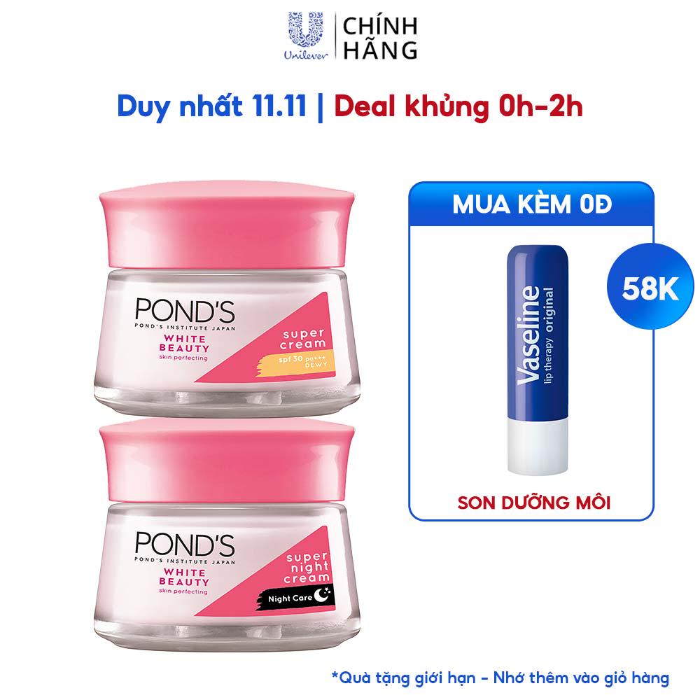[Mã FMCGMALL -8% đơn 250K] Bộ kem dưỡng Pond's White Beauty trắng hồng rạng rỡ (Ban ngày 50g + Ban đêm 50g)