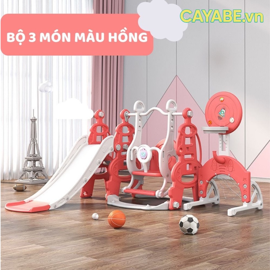 Cầu trượt - xích đu cho bé CAYABE hình tên lửa 5 trong 1 có thêm cột bóng rổ - bóng đá - ném vòng màu xanh, hồng