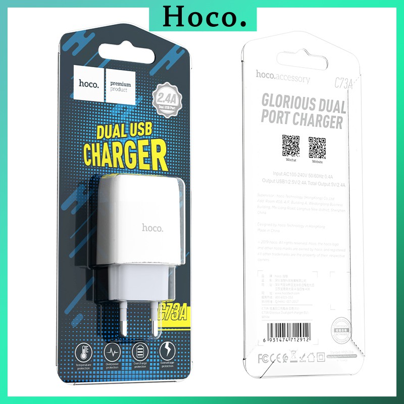 Củ Sạc NHANH 2 CỔNG Cốc Sạc HOCO C73 Phích Cắm EU Cục Sạc Cho OPPO iPhone iPad Samsung Xiaomi Redmi Huawei