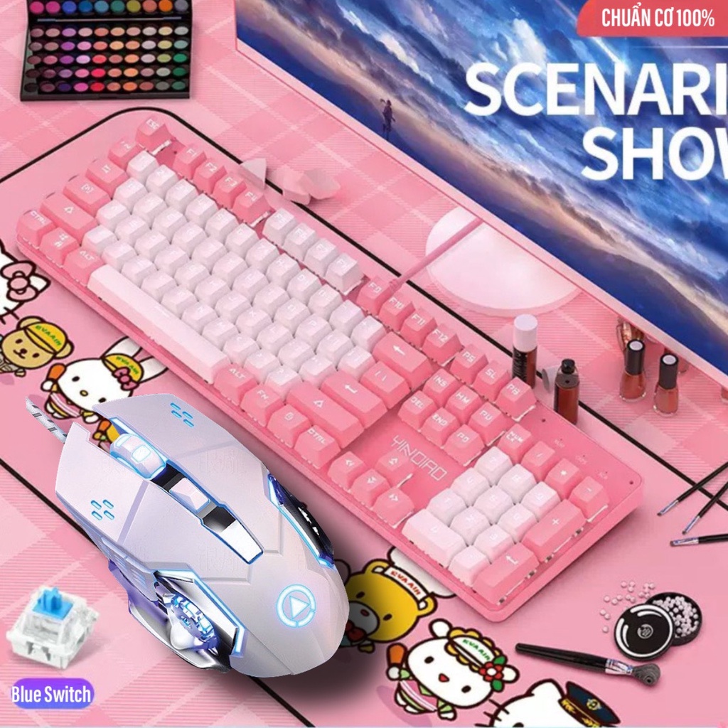 Bàn Phím Cơ Gaming Blue Switch Và Chuột Máy Tính LapTop YINOIAO ZK4V G15 LED 12 Chế Độ Màu Hồng Trắng Rễ Thương Cao Cấp