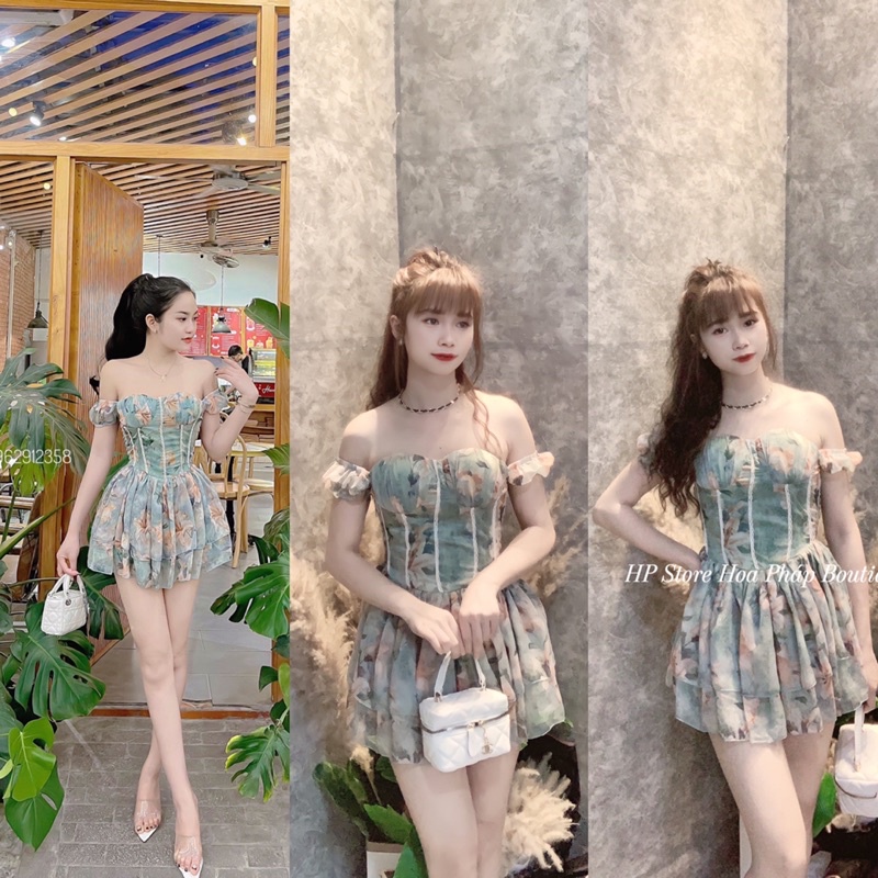 Váy hoa tơ cup ngực trễ vai siêu xinh (kèm ảnh thật shop chụp)