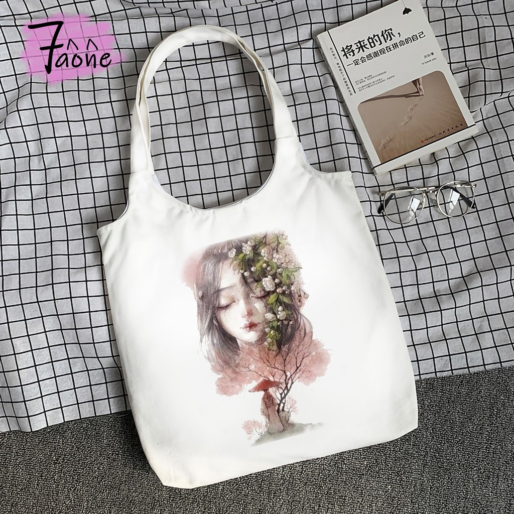 TÚI VẢI QUAI TRÒN CÔ GÁI VÀ HOA TOTE ĐEO VAI CÓ TÚI CON VẢI CANVAS