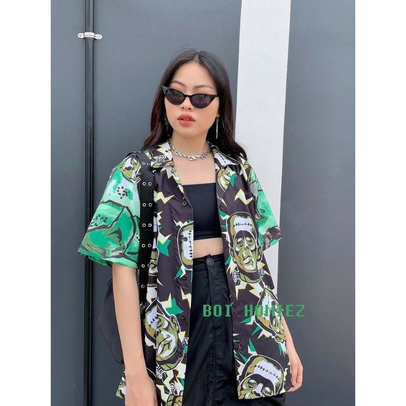 Áo Sơ Mi Tay Ngắn Unisex Cổ Bẻ Phong Cách Hàn Quốc Freesize