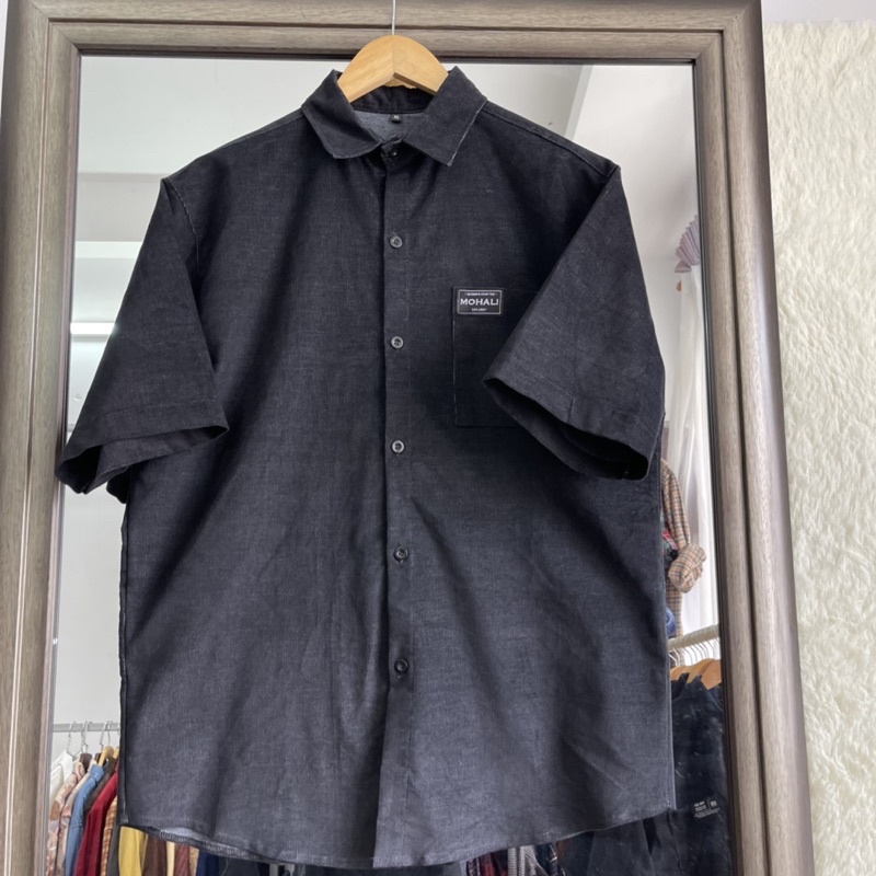 Áo sơ mi nhung tăm tay ngắn nam nữ màu ĐEN form rộng thời trang unisex MOHALI SM003