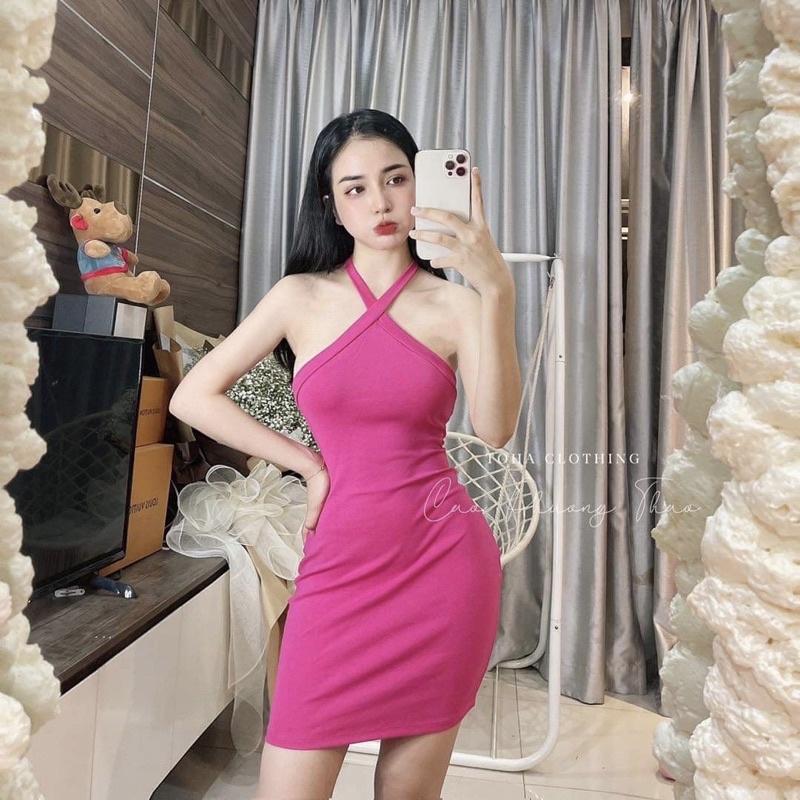 Váy body cổ yếm hở vai dây cổ chất bozip cotton dãn 4 chiều Đầm ôm bó dáng ngắn