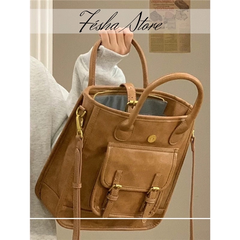 Túi đeo chéo da nâu Vintage nhiều ngăn tiện dụng_túi đi học đi làm hàng ngày