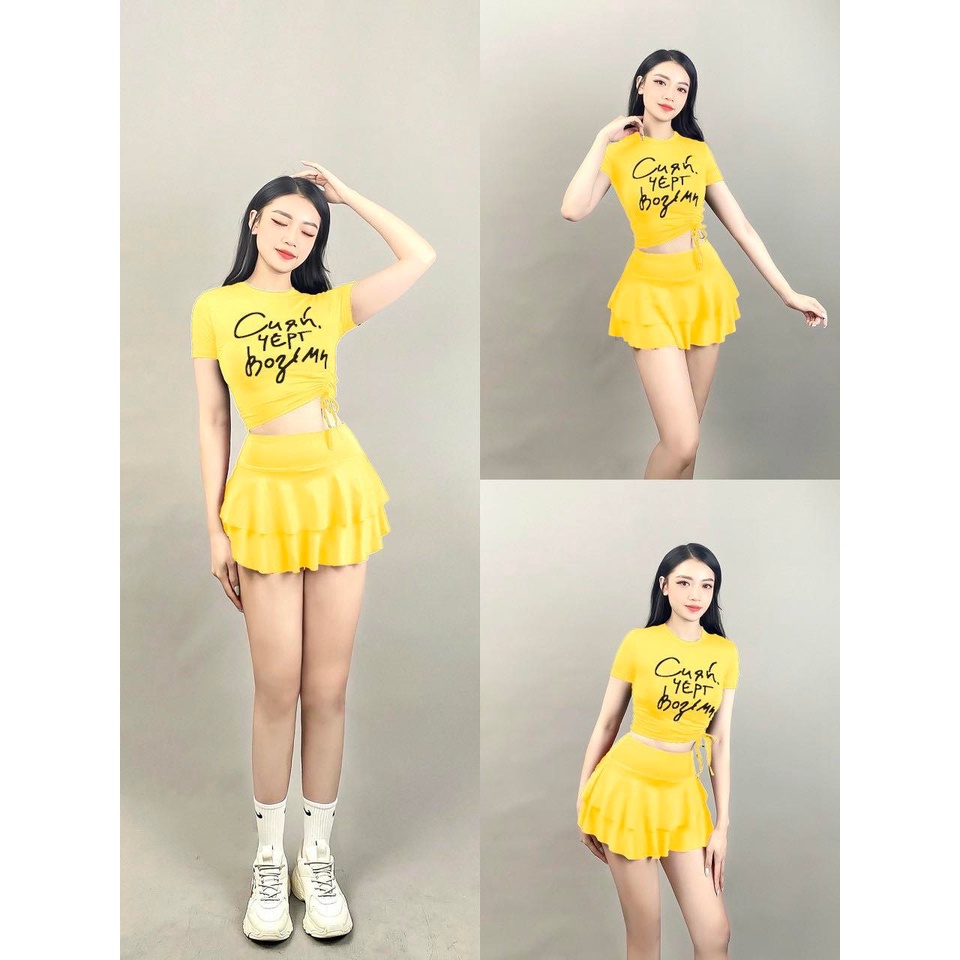 Set bộ váy 2 tầng áo croptop rút dây nữ tập nhảy aerobic,Gym, Zumba, khiêu vũ, trang phục biểu diễn, đi bơi,đi biển nữ