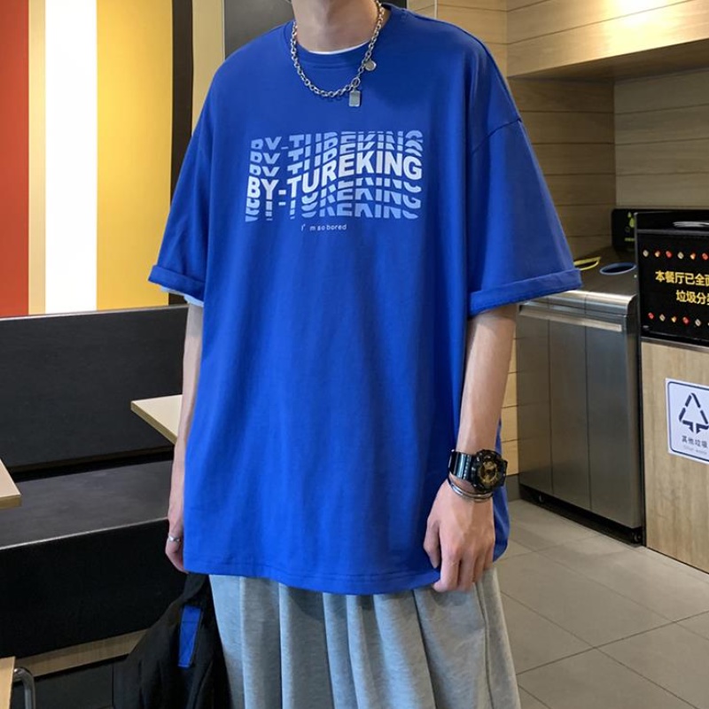 Áo Thun Tay Ngắn Cổ Tròn Dáng Rộng In Chữ Màu Gradient Phong Cách Hàn Quốc Cho Nam Giới Có Size M-3Xl