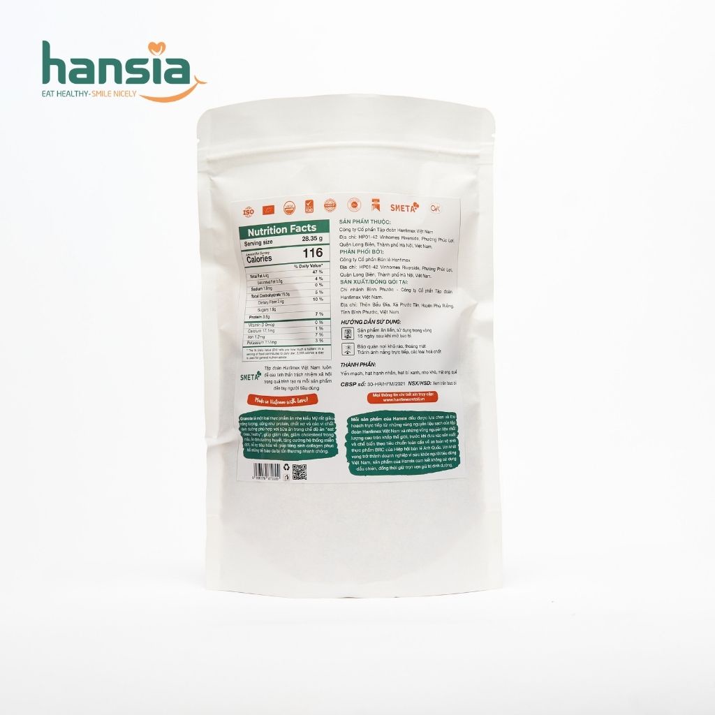 Ngũ Cốc Ăn Sáng Granola Organic HANSIA Gồm Nhiều Loại Hạt, Yến Mạch, Trái Cây Khô Giàu Năng Lượng Tiện Lợi Túi 250g-500g