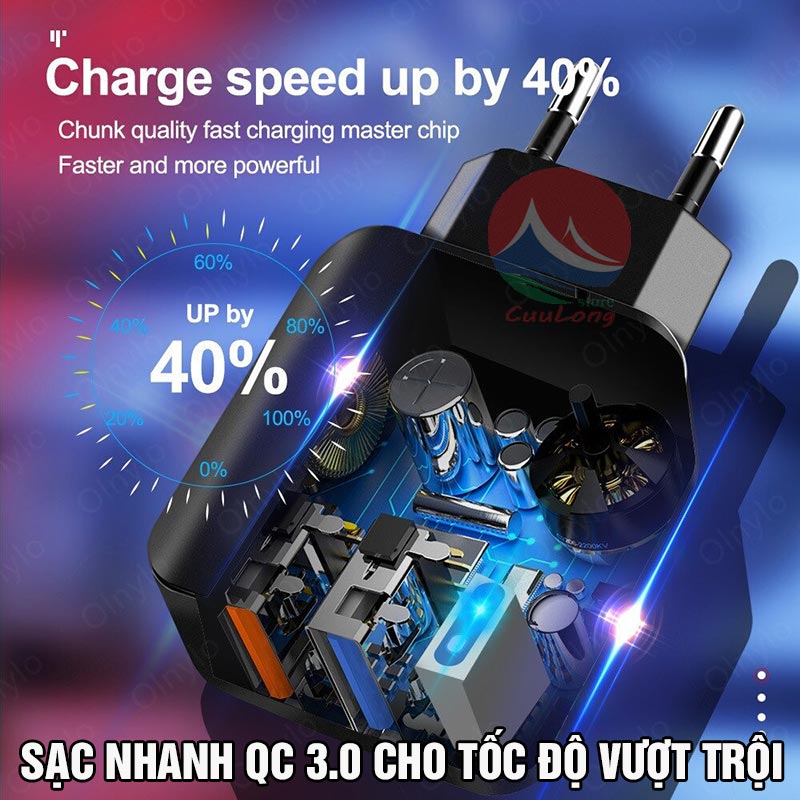 Củ Sạc Nhanh 18W QC 3.0, 2 Cổng Sạc, Đèn Led Phát Sáng, cục sạc nhanh điện thoại iPhone iPad Samsung Oppo Xiaomi