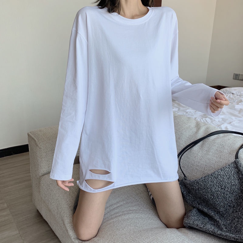 Áo thun dài tay xẻ tà phong cách Hàn Quốc, cotton tinh khiết, áo có đáy trong, áo dài giữa