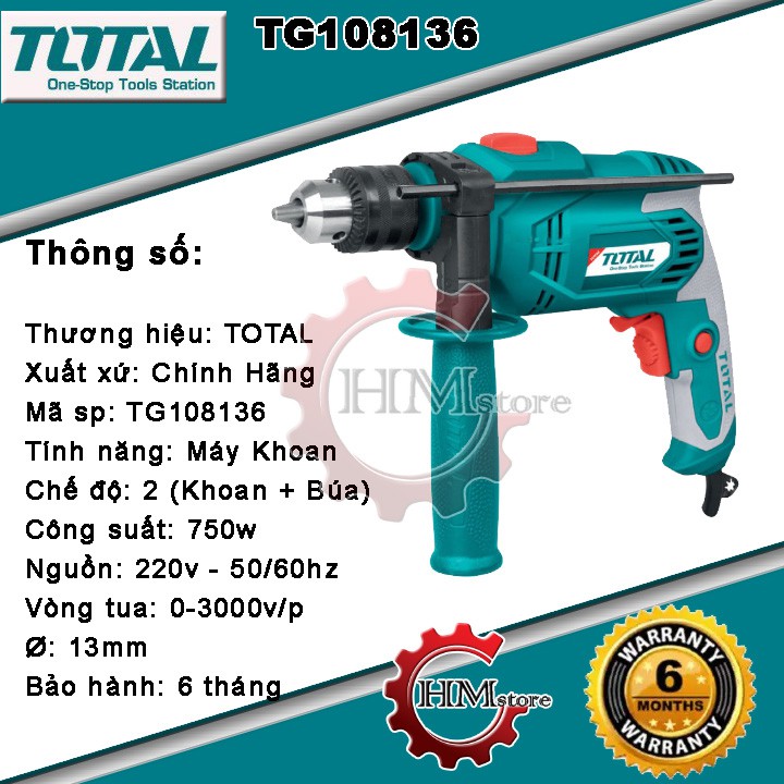 [Chính hãng] Máy khoan búa cầm tay TOTAL TG108136- Máy khoan búa 13mm 650w BH 6 tháng