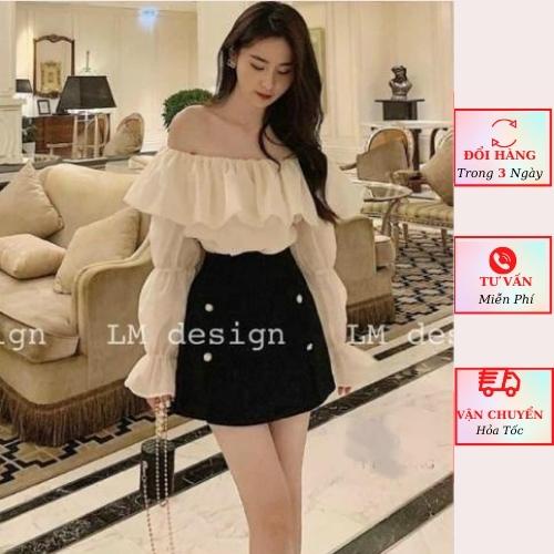 Áo trễ vai nữ voan tơ tay bồng tiểu thư bánh bèo màu trắng be 2 lớp ulzzang Hàn Quốc