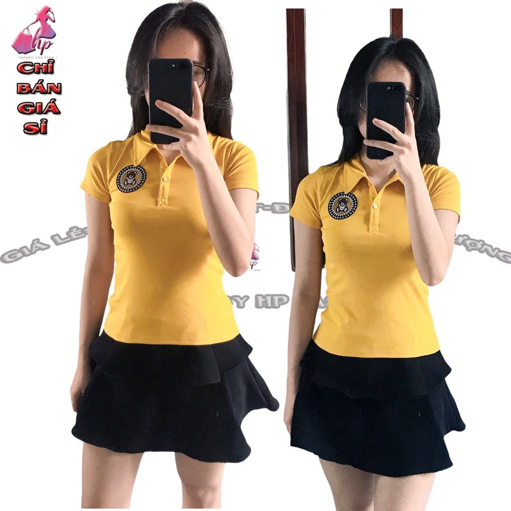áo thun nữ cổ bẻ phối kim sa mẫu mới 2021