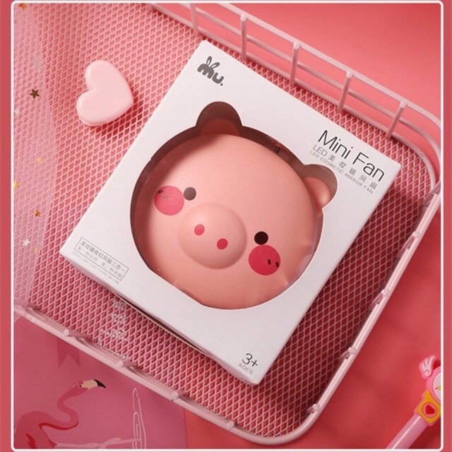 Quạt tích điện HC FAN có gương hình heo+ đèn led siêu tiện ích