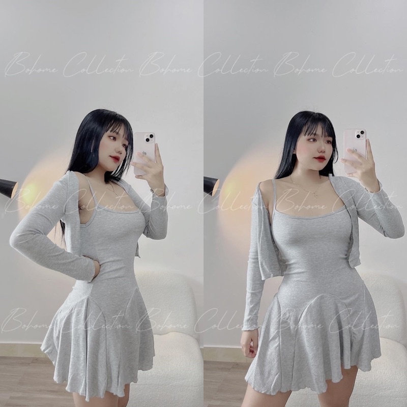 Sét đầm body dây kèm áo khoác