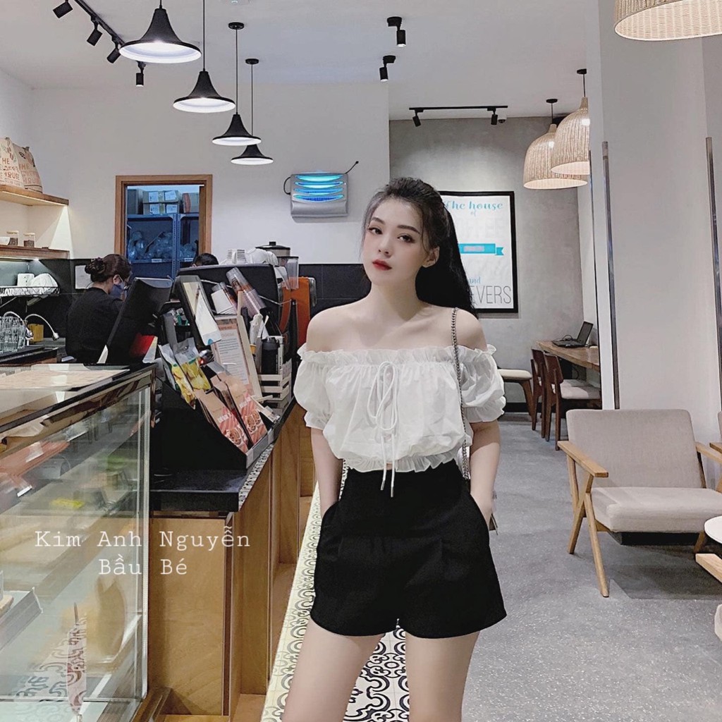 SET ÁO TRỄ VAI BÈO TRẮNG MIX QUẦN ĐÙI UMI ĐEN HOT