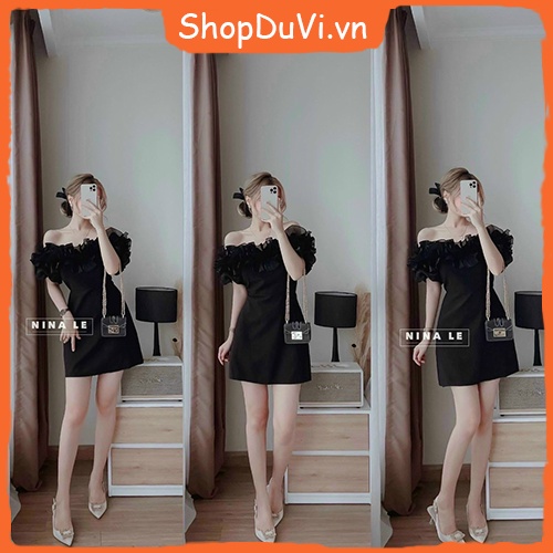 Đầm Body Trễ Vai Màu Đen Phối Tay Voan Bồng Chất Umi Có Mút Ngực Mặc Đẹp Tôn Dáng