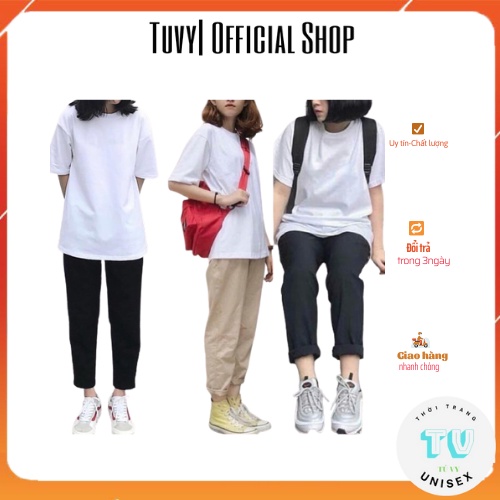 Set đồ nữ TUVYCHUYENSI Combo quần kaki suông áo thun trơn tay lỡ form rộng nam nữ đều được