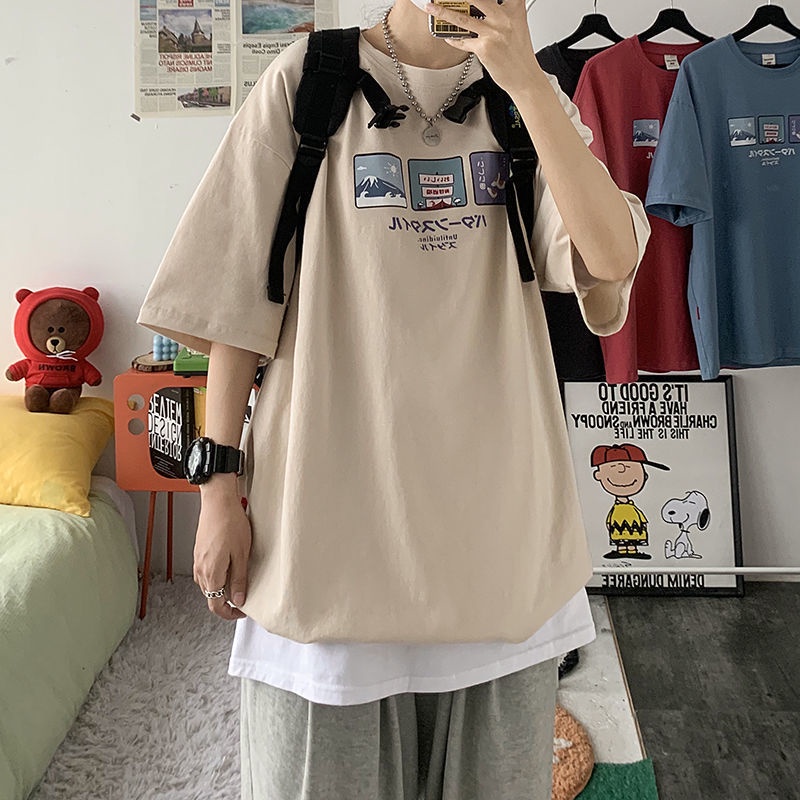 AMOI Áo Thun Ngắn Tay Dáng Rộng In Họa Tiết Thời Trang Harajuku Cá Tính Cho Nam