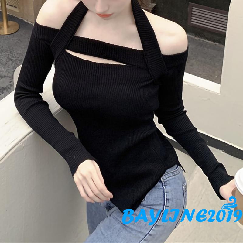 Áo dệt kim tay dài trễ vai màu trơn không đối xứng dành cho người lớn