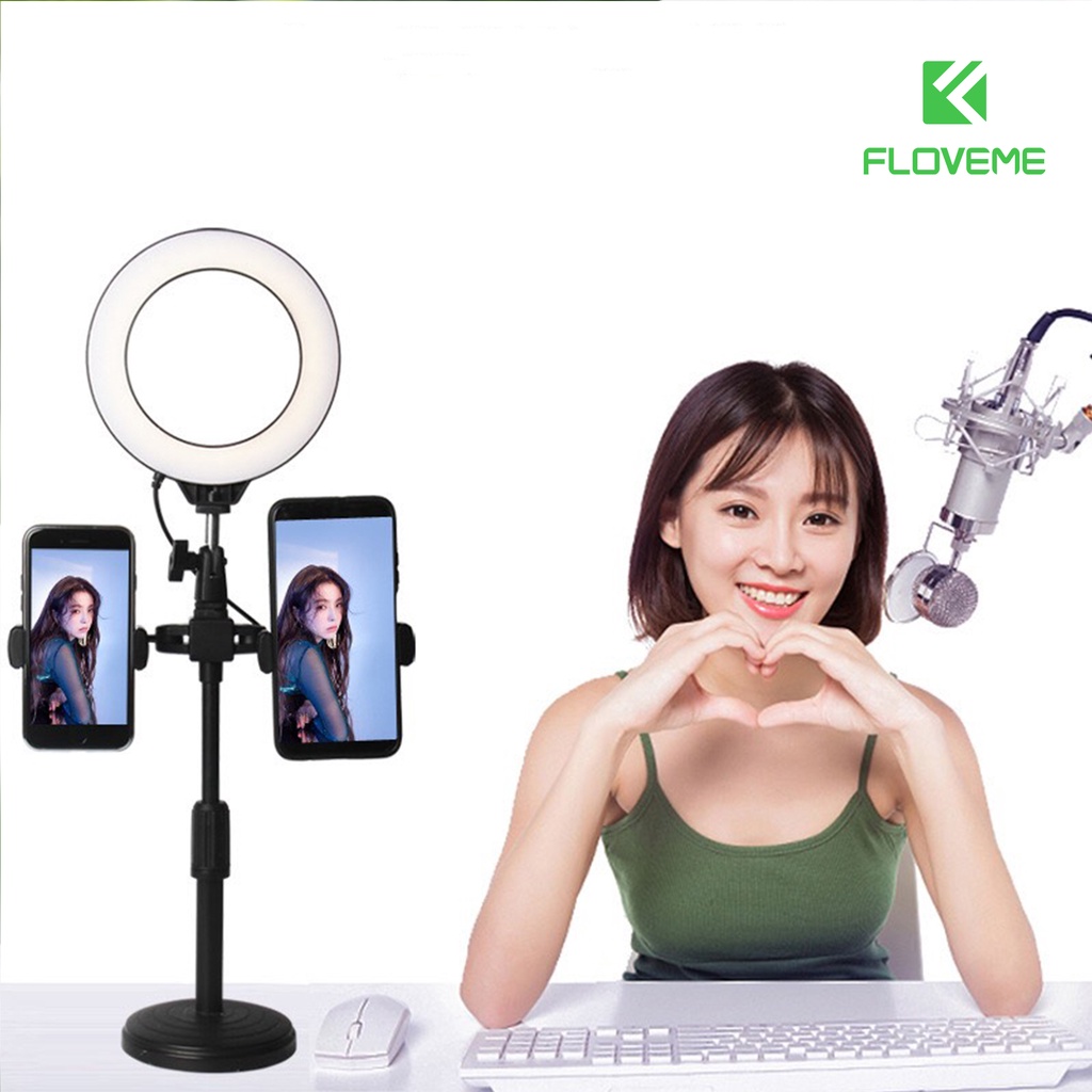 Đèn livestream Floveme 3in1 để bàn Đỡ Được 2 - 3 Điện Thoại Hỗ Trợ Chụp Ảnh Make Up, Quay Tiktok Có Đèn Led 3 màu