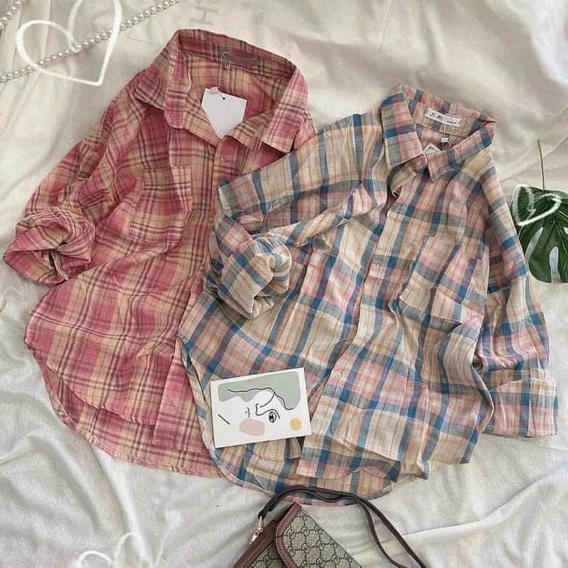 Sơmi sọc kẽ tay dài from rộng mix quần legging thun ngố / dài