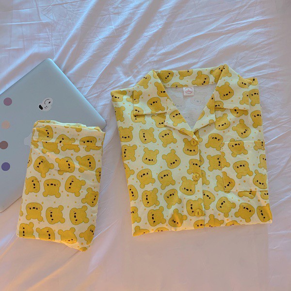 Bộ ngủ pijama dài tay mặt gấu Pooh vàng vải cotton