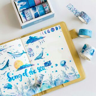 Tặng thanh quấn washi - Set 10 washi tape chủ đề xanh biển