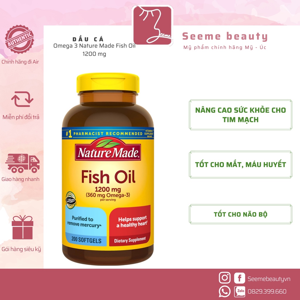 [DATE 2024, HÀNG MỸ] Omega 3 Dầu Cá Fish Oil Nature Made 1200mg 200 Viên SeeMe beauty-VB-004