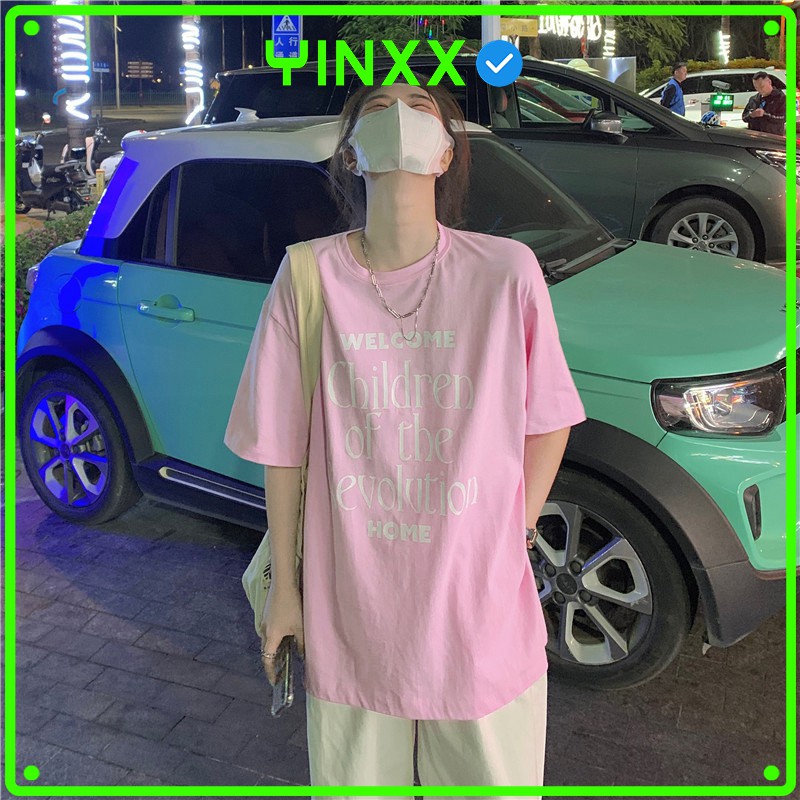 Áo phông nữ tay lỡ Yinxx, thun form rộng Unisex oversize màu hồng ATL956