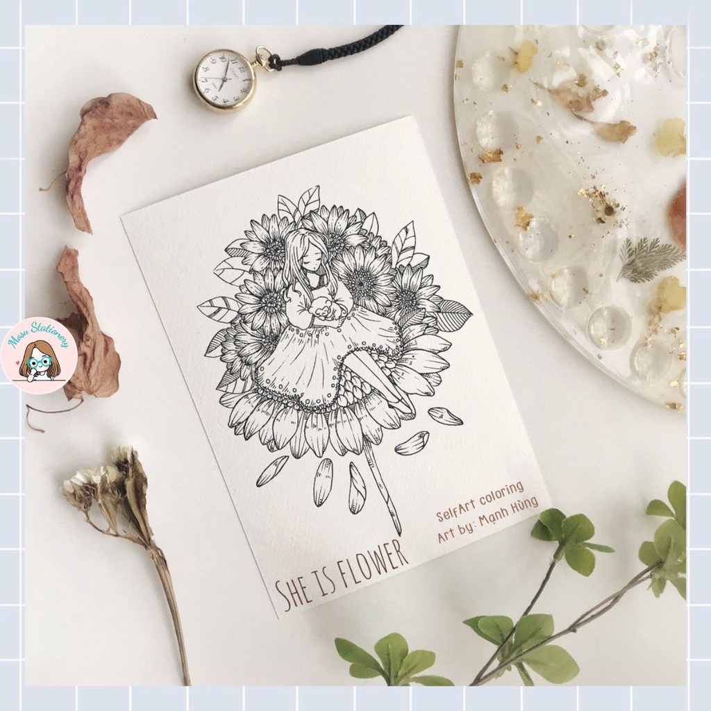 Tranh tô màu - "She is flower" của hoạ sĩ @manhhung, 5 tranh giấy coldpress 300gsm