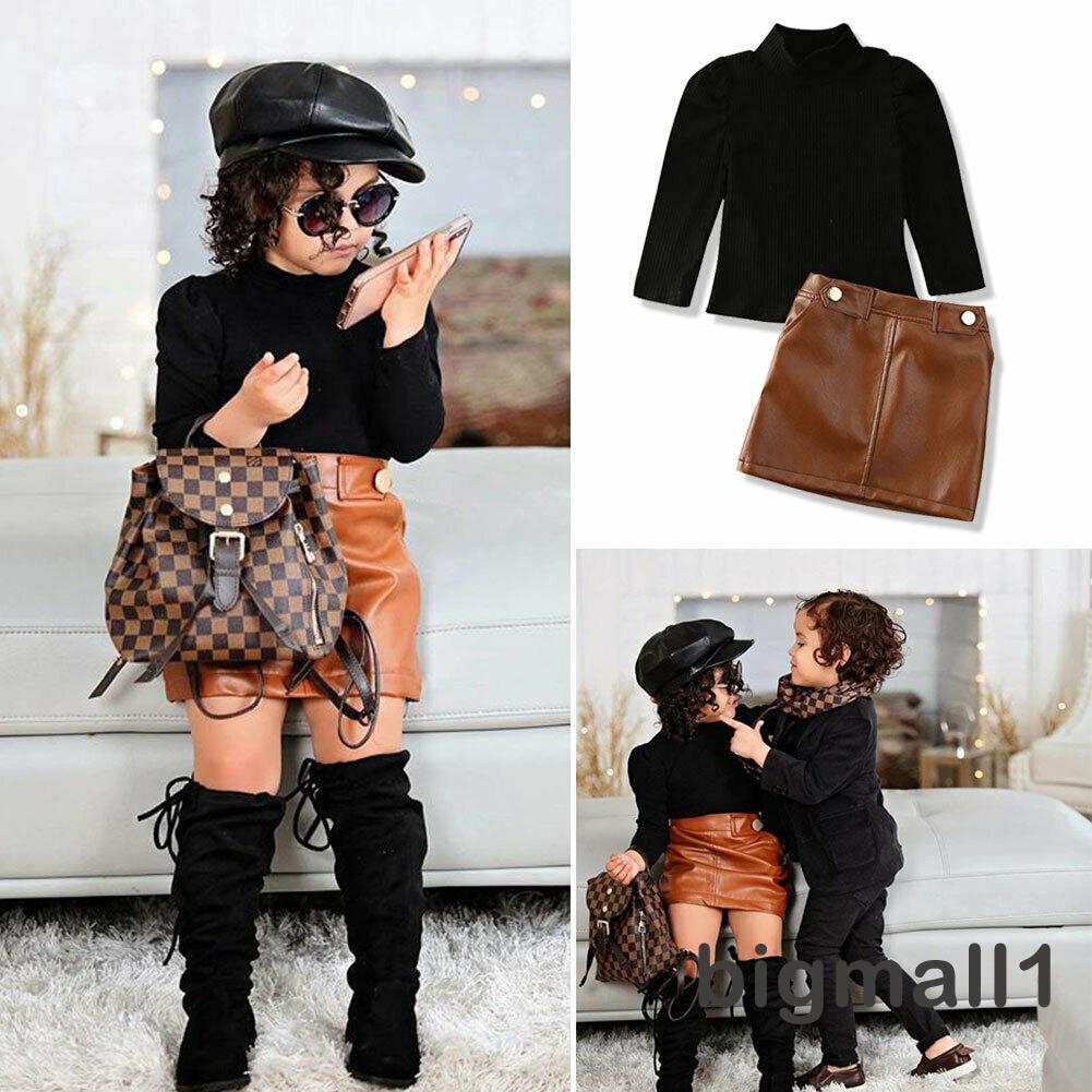 Bộ áo thun tay dài + chân váy da cho bé gái 1-5 tuổi