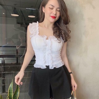 Áo dây bèo nhún bo eo dạng ngắn