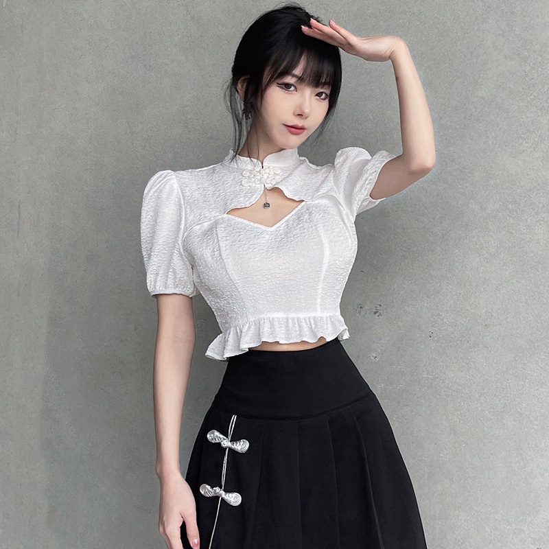 [Augustcloth] Áo tay phồng khoét ngực phong cách Hàn Quốc