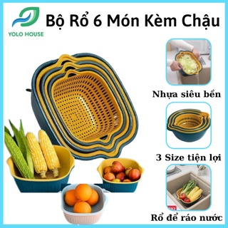 Bộ Rổ 6 Món Kèm Chậu Ráo Nước 2in1 Chất Liệu Nhựa Cao Cấp, Set 6 Rổ Nhựa Kèm Chậu Đựng Đồ Đa Năng