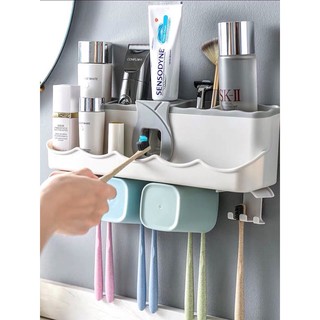 Hộp lấy kem đánh răng 4 cốc nhựa lúa mạch dán tường - dụng cụ nhả kem tự động 3 ly nhựa khay treo bàn chải