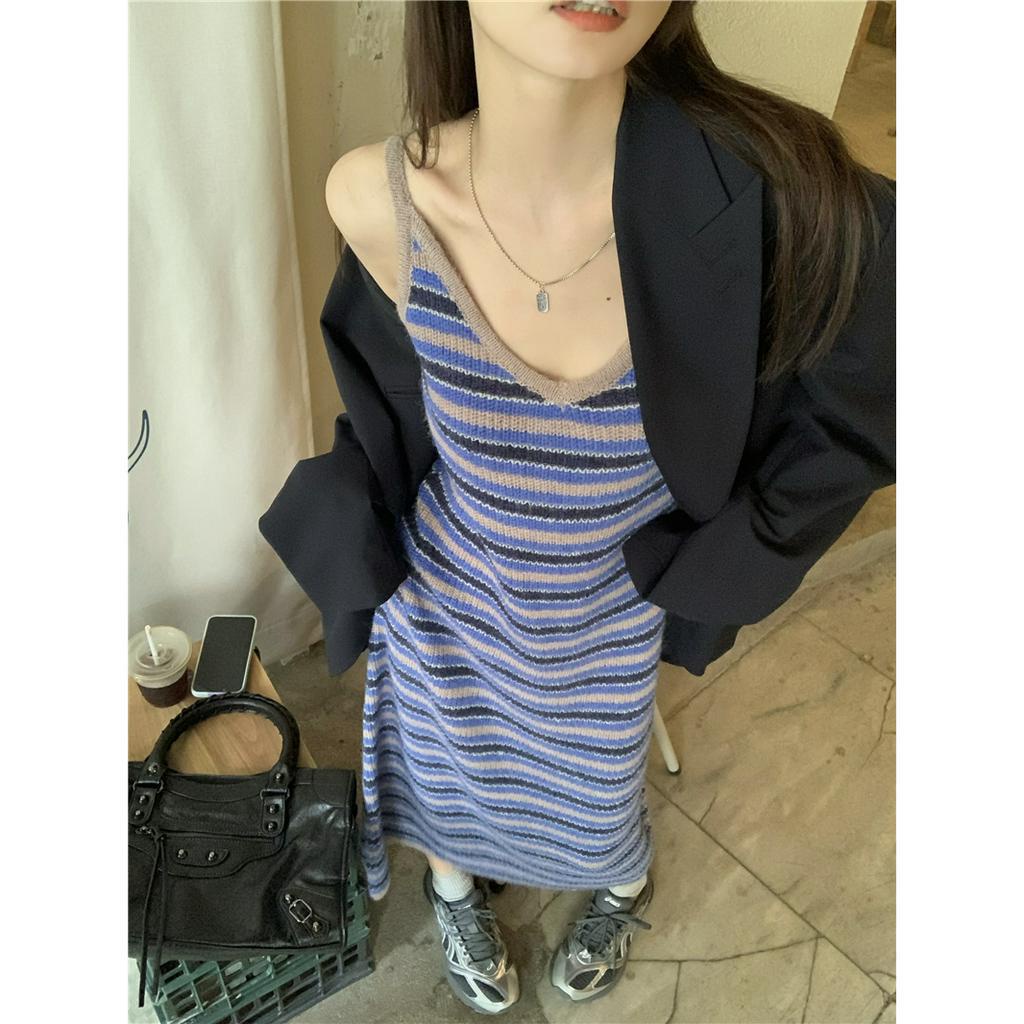 ZHELIHANGFEI Đầm Dệt Kim Kẻ Sọc Màu Sắc Tương Phản Size Lớn Thời Trang Cao Cấp