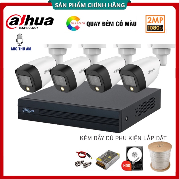 Bộ Camera Quan sát Dahua 4 Kênh 2.0MP Full Color, Led Quay Có Màu Ban Đêm, Tích Hợp Mic Thu Âm - Kèm đủ phụ kiện lắp đặt