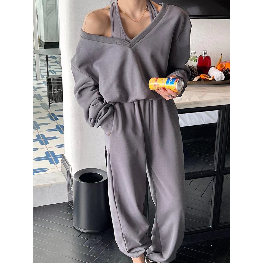 Set Thể Thao Áo Croptop Cổ Yếm Tay Dài + Quần Thun LSEOUL B1071