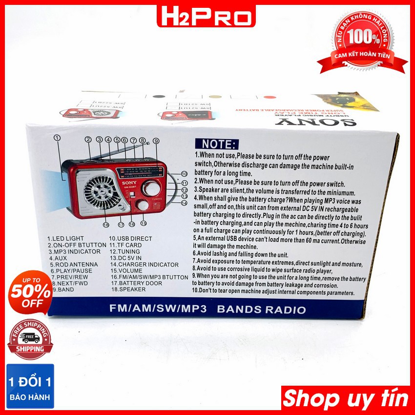 ĐÀI RADIO FM-AM-SW H2Pro SW-521UT kiêm máy nghe nhạc USB-Thẻ nhớ, jack tai nghe, đài radio pin sạc tích hợp ĐÈN PIN