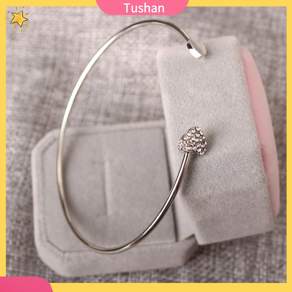 TUSH_Women Double Heart Rhinestone Inlaid Opening Cuff Bracelet Bangle Jewelry Gift