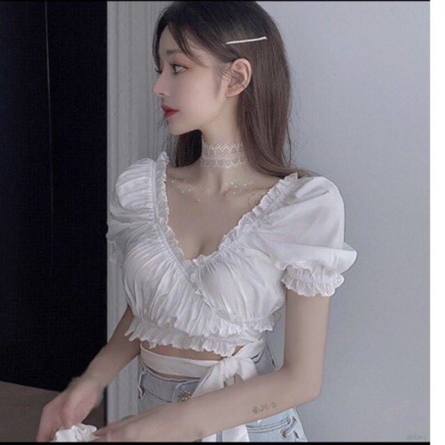 Áo croptop kiểu ôm tay ngắn, áo thun croptop tay phồng  cổ V viền bèo thắt nơ 2 màu LIKANO CRT77