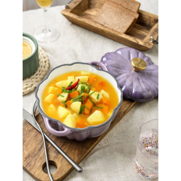 (Sẵn) Nồi gang tráng men bí ngô Happiness Kitchen chính hãng tặng gang tay xịn