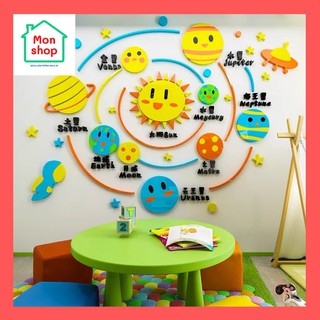 Decal dán tường mica 3D hệ mặt trời, các hành tinh, trang trí lớp học Tiếng Anh cho bé