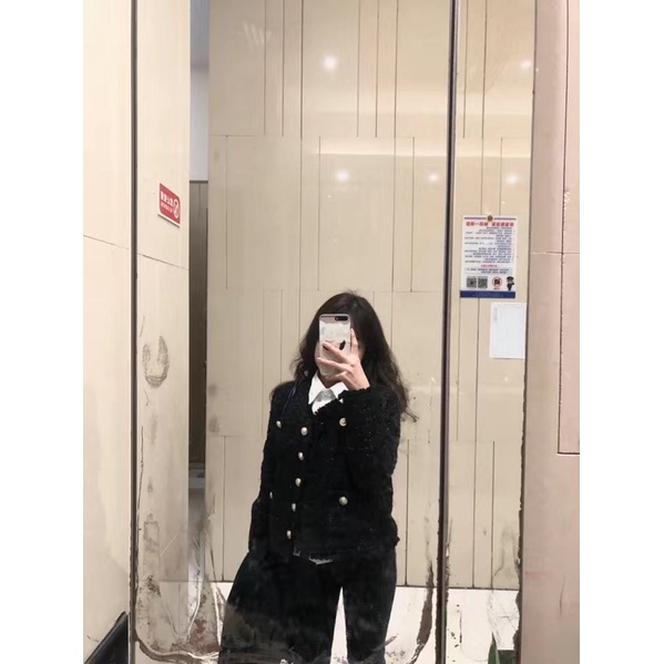 Áo Khoác Tweed Tay Dài Dáng Ngắn Đan Lấp Lánh