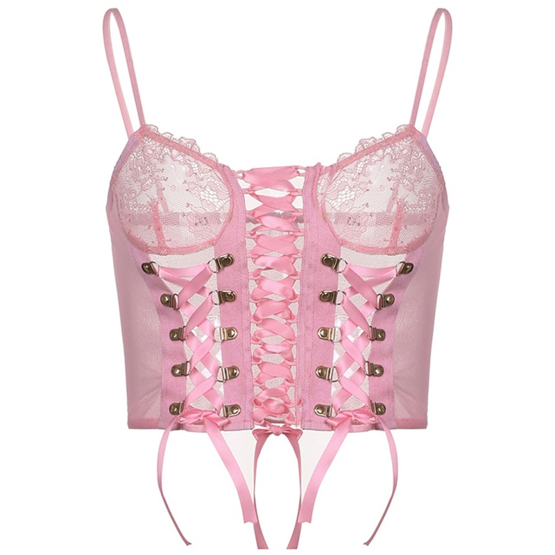 Áo Croptop Sát Nách Phối Ren Lưới Màu Hồng Thiết Kế Quyến Rũ Cho Nữ