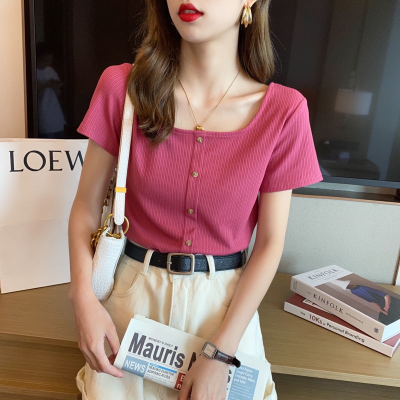 （cotton）Korean version of the new lady retro French T-shirt square collar short sleeves
