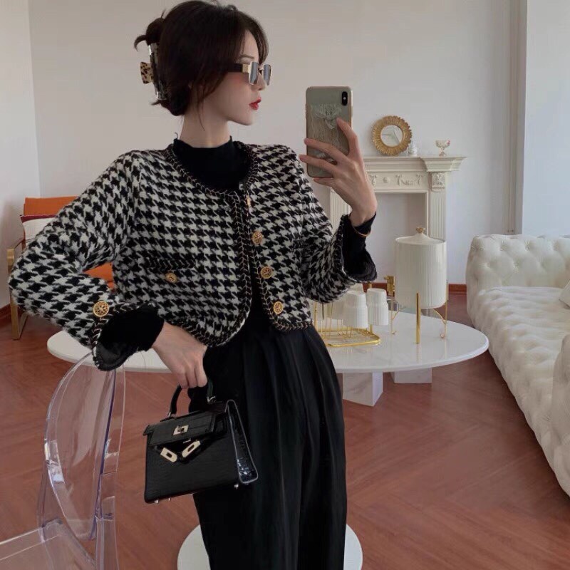 Áo dạ Tweed Forgirl kẻ caro dáng ngắn tiểu thư áo cardigan dạ dày dặn - Miss Girl