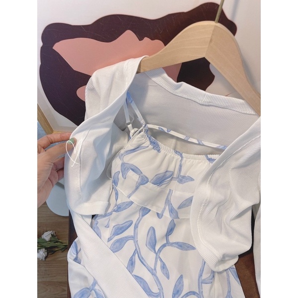 SÉT ĐẦM TRẮNG HOA XANH KÈM  KHOÁC GÂN ĐŨA